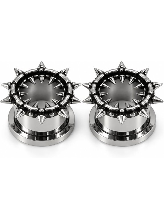 Spiked Ear Gauges, 2 Pcs Stainless Steel Ear Tunnels with Hollow Center and Flared Base, Steel Color Flesh Tunnel Body Piercing Jewelry for Men and Women,10mm