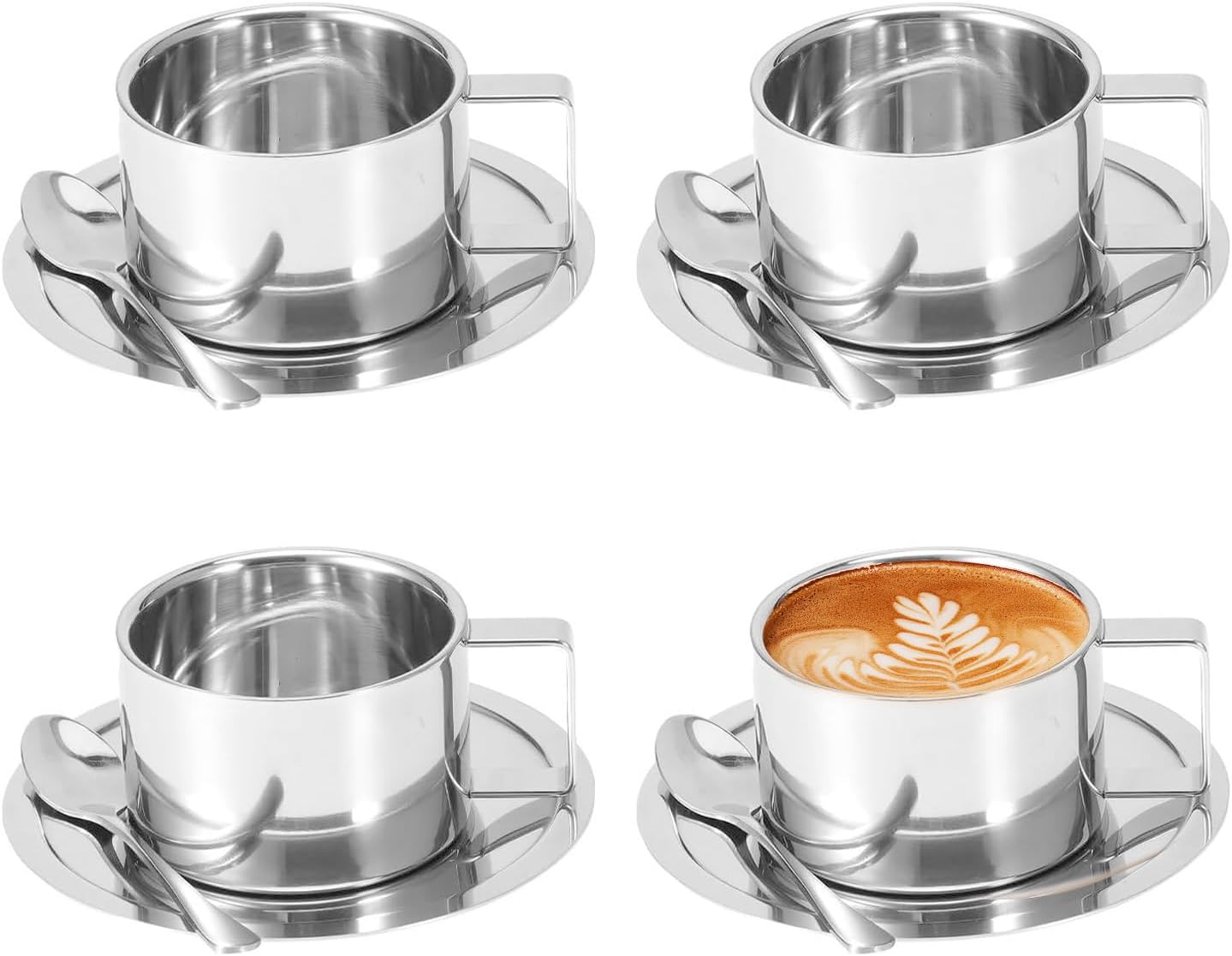 ABPETE Stainless Steel Coffee Cup Set, 4Pcs 200ml/7oz Insulated Espresso Cup Double Walled Mugs Milk Tea With Spoon Saucer for Coffee Latte Tea Milk