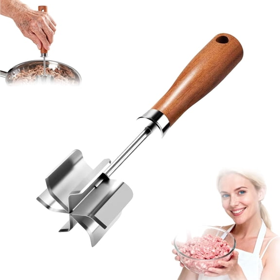 ABPETE Stainless Steel Meat Chopper, Six-Blade Ground Beef Chopper Tool Hamburger Smasher Meat Masher, Lightweight Versatile Wooden Handle Manual Meat Tenderizer, Meat Mincer Hand Tool