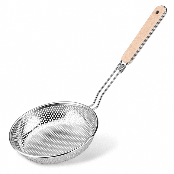 ABPETE Micro-Perforated Skimmer Strainer, Stainless Steel Pasta Noodle Basket with Wooden Handle for Frying, Blanching and Kitchen Draining