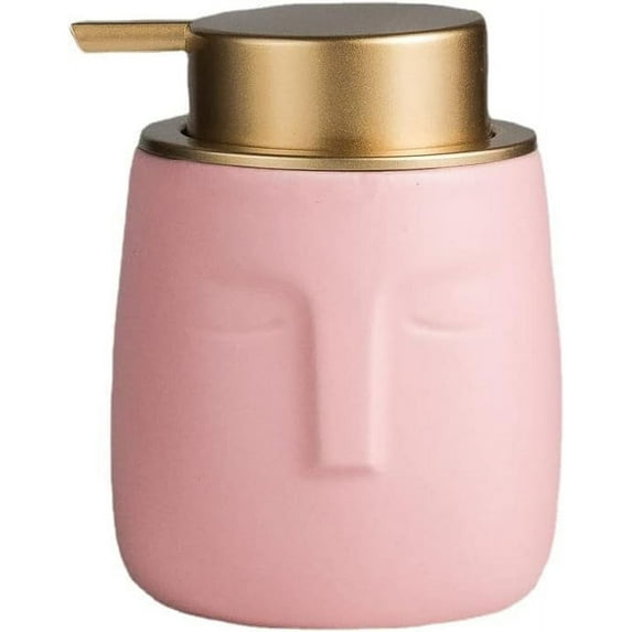 ABPETE Unique Modern Soap Dispenser, Face-Shaped Ceramic Bottle with Rust Proof Gold Matte Pump, Decorative Lotion Dispenser for Bathroom or Kitchen (Pink)