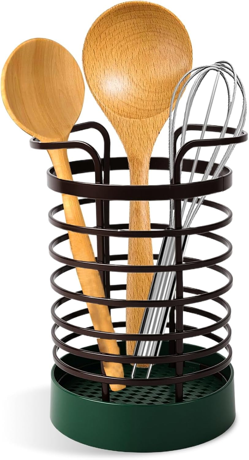 ABPETE Utensil Holder for Kitchen Counter,Modern Metal Utensil Holder with Green Stable Base,Large Cooking Utensil Crock Organizer for Spatula & Spoon,Farmhouse Kitchen Decor