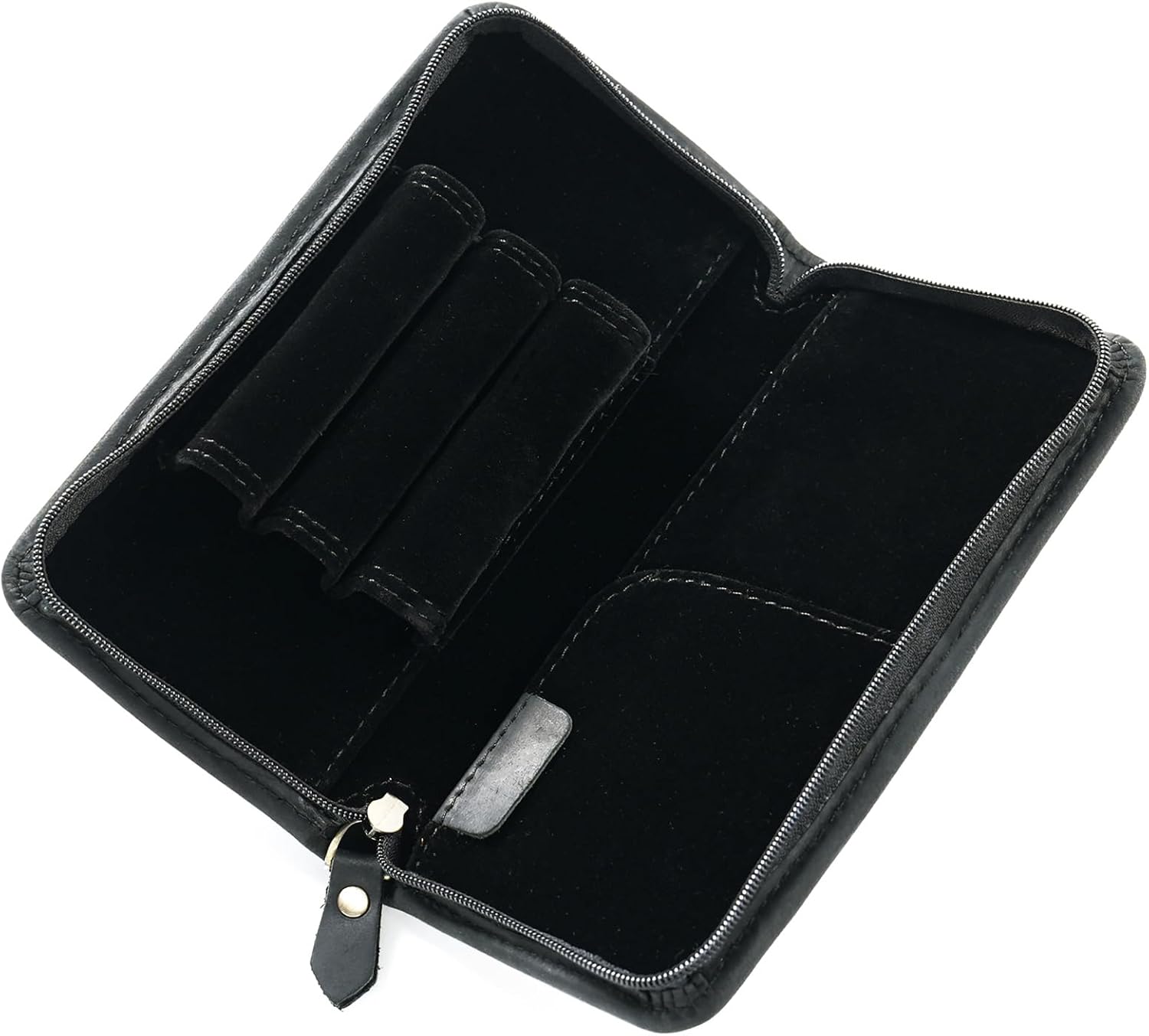 ABPETE Vintage Leather Fountain Pen Case 3 Divided Slots, Zippered Pen Case Pouch, Handmade Display Holder for Rollerball Pen (Black)