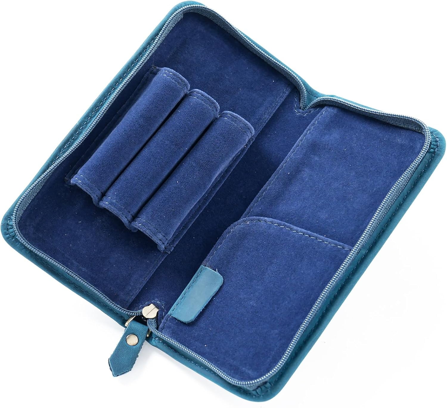ABPETE Vintage Leather Fountain Pen Case 3 Divided Slots, Zippered Pen Case Pouch, Handmade Display Holder for Rollerball Pen (Blue)