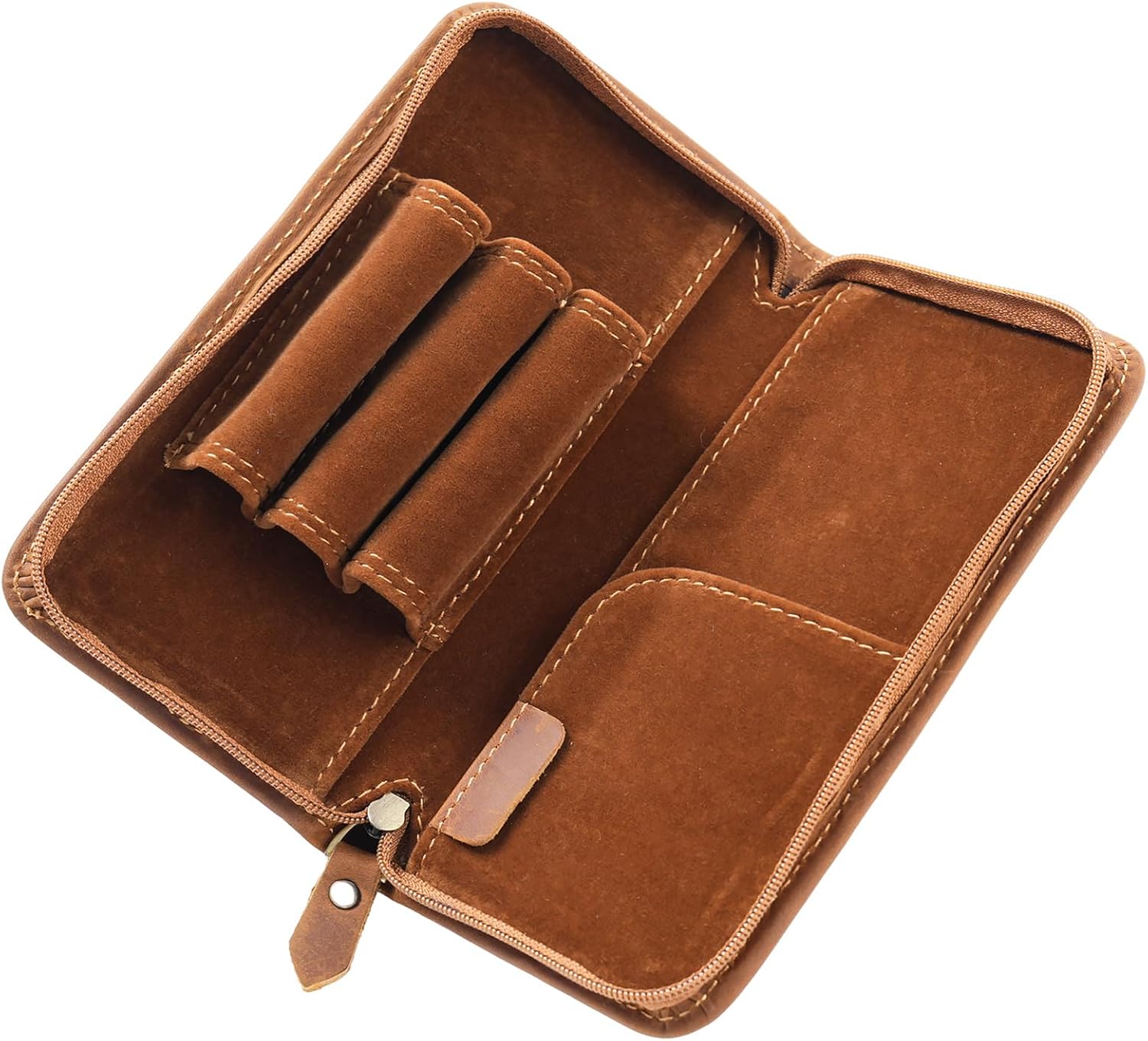 ABPETE Vintage Leather Fountain Pen Case 3 Divided Slots, Zippered Pen Case Pouch, Handmade Display Holder for Rollerball Pen (Brown)