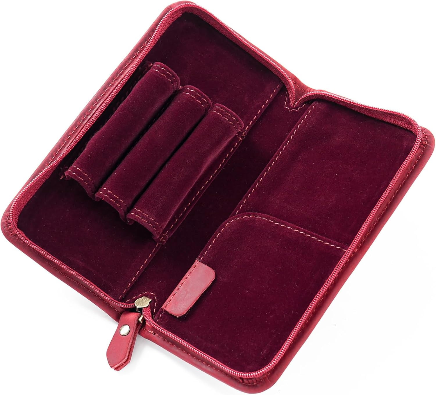 ABPETE Vintage Leather Fountain Pen Case 3 Divided Slots, Zippered Pen Case Pouch, Handmade Display Holder for Rollerball Pen (Red)