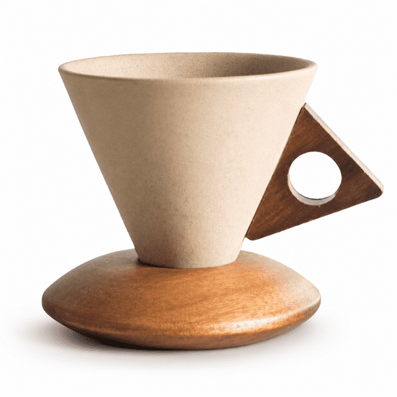 ABPETE, Vintage Terracotta Coffee Cup with Acacia Wood Base, Beige, 250ml Capacity, Triangle Handle Design, 4.92x3.94x4.13 Inches, Cuffee Mug