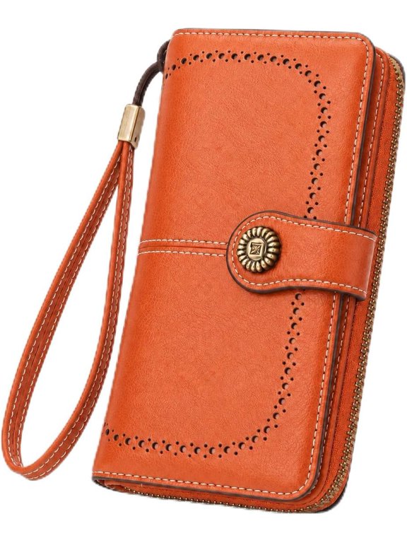 Wallets for Women, PU Leather Credit Card Holder Wallet with Wrist Strap, Large Capacity Long Wallet with 12 Card Slots, ID Window, Zipper Pocket and Snap Closure,Orange