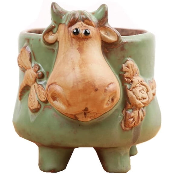 ABPETE Wind Small Ceramic Succulent Planter, Cows Design with Drainage, Indoor Decor