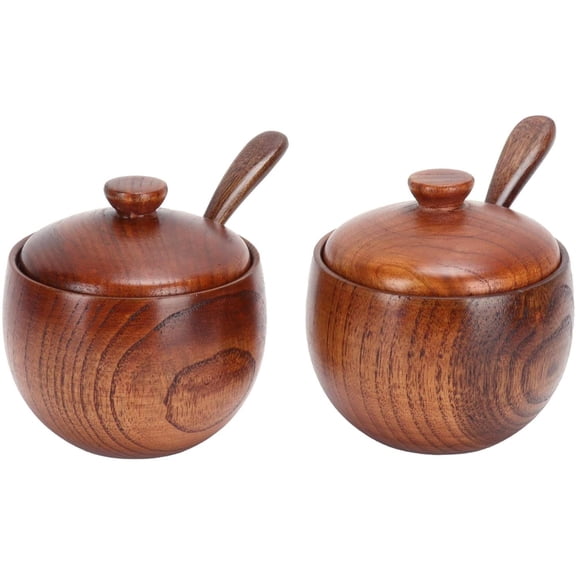 ABPETE Wooden Salt Boxes Set with Spoons and Lids, Round Storage Containers, Kitchen Condiment Pot for Salt Sugar Pepper or Chili Powder, 2 Sets