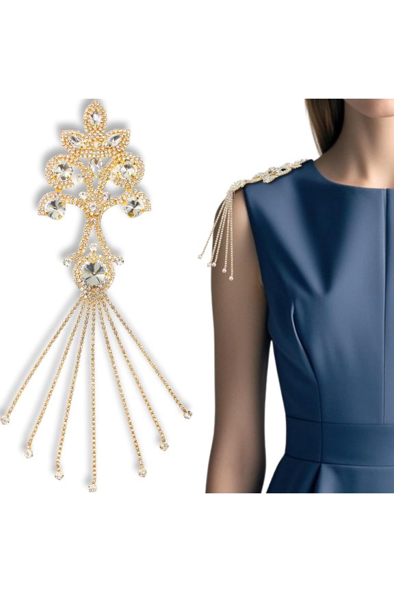 gold applique,Sew-On Epaulettes - Gold Rhinestone Shoulder Patches,DIY Embellishment Kit for Jackets, Hats(YHZ044-Gold-White)