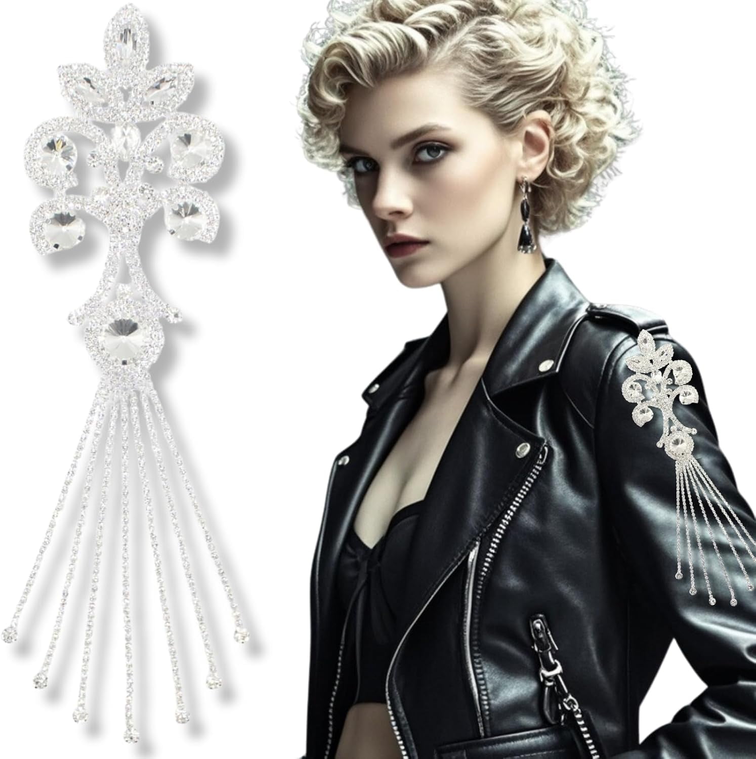 ABPETE gold applique,Sew-On Epaulettes - Gold Rhinestone Shoulder Patches,DIY Embellishment Kit for Jackets, Hats(YHZ044-Sliver-White)