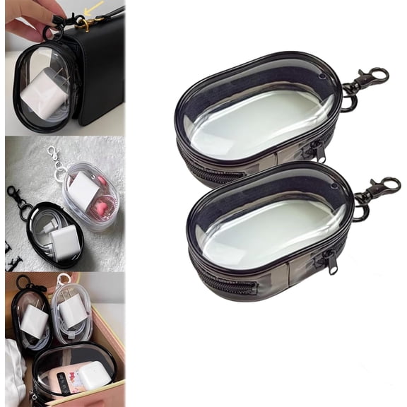 ABPETE mini clear pouch,Transparent Cable Storage Bag - Travel Cable Organizer, Mini Clear Hard Shell Zipper Case, Space-Saving Travel Accessories (Black 2pcs)