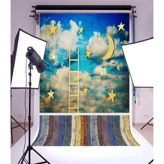 ABPHOTO 5x7ft Photography Backdrop Cartoon Moon Star White Cloud Weathered Wood Floor Photo Background Backdrops