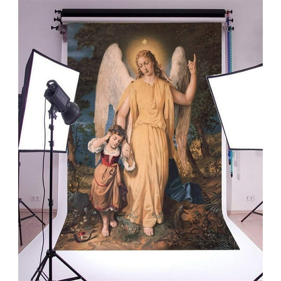 ABPHOTO 5x7ft Photography Backdrop Christ Guardian Angel with the Child Jungle Holy Lights Trees Religion Belief Culture Historical Photo Background Backdrops