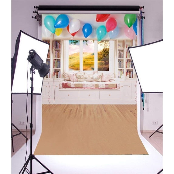 ABPHOTO 5x7ft Photography Backdrop European Indoor Bookshelf Balloons Vintage Wood Floor Photo Background Backdrops