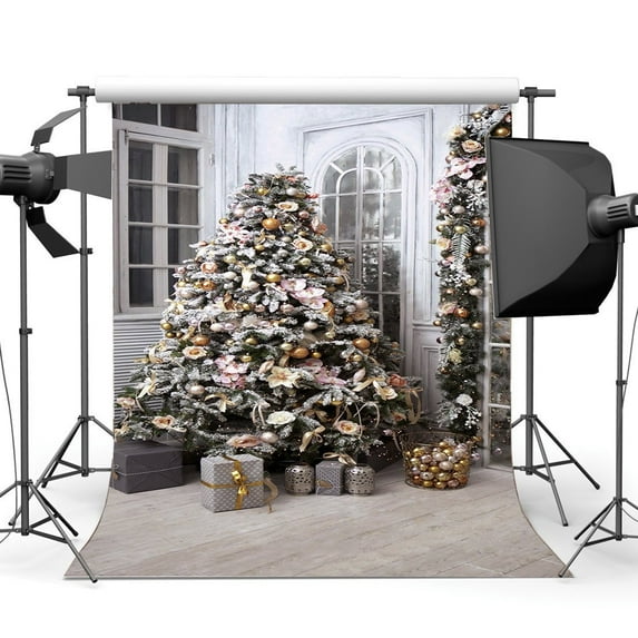 ABPHOTO 5x7ft Photography Backdrop Merry Christmas Tree Ball Xmas Gifts Vintage Stripes Wood Floor Interior Decoration Backdrops Seamless Baby Kids Children Adults Happy New Year