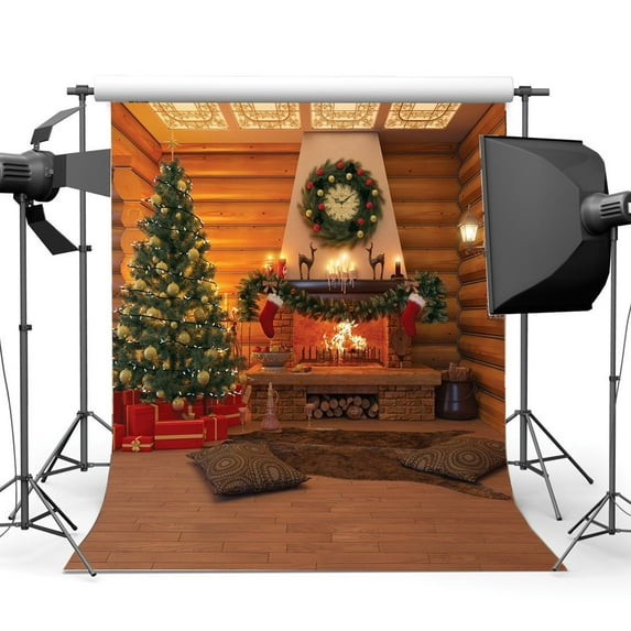 ABPHOTO 5x7ft Photography Backdrop Merry Christmas Tree Fireplace Stocking Graland Vintage Wood Wall Xmas Gifts Interior Decoration Backdrops Seamless Baby Kids Children Adults Happy New Year