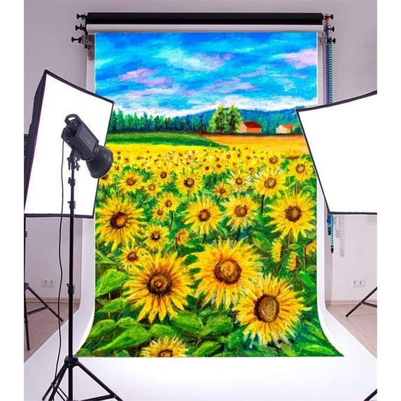 ABPHOTO 5x7ft Photography Backdrop Rural Village Sunflowers Blue Sky Oil Painting Photo Background Backdrops