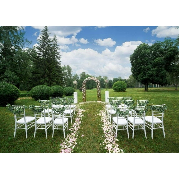 ABPHOTO 7x5ft Outdoor Wedding Ceremony Backdrop Fresh Flowers Arch Door White Chiar Jungle Forest Backdrops for Photography Blue Sky White Cloud