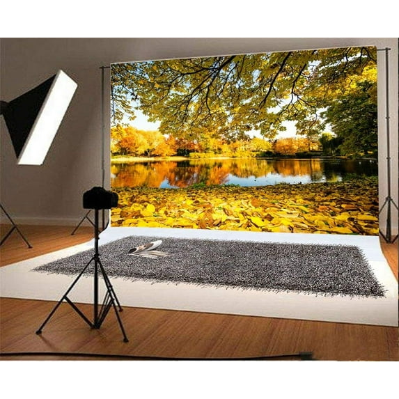 ABPHOTO 7x5ft Photography Backdrop Autumn Golden Leaves River Trees Blue Sky White Cloud Nature Photo Background Backdrops