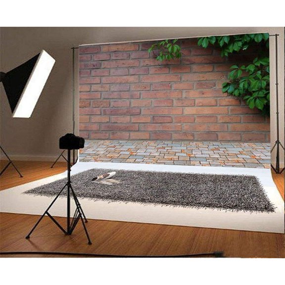 ABPHOTO 7x5ft Photography Backdrop Brown Brick Wall Floor Branch Green Leaves Photo Background Backdrops