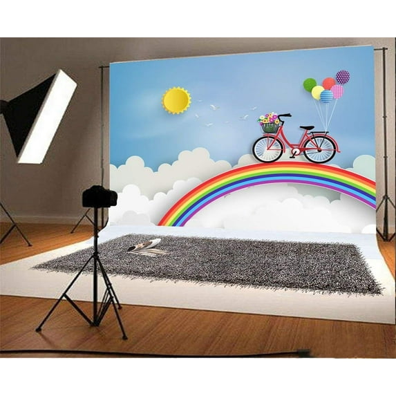 ABPHOTO 7x5ft Photography Backdrop Cartoon Abstract Sun Rainbow Bicycle Balloon White Cloud Dove Blue Sky Photo Background Backdrops