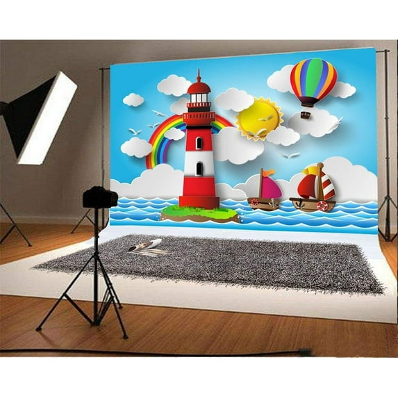 ABPHOTO 7x5ft Photography Backdrop Cartoon Lighthouse Hot Air Balloon Sailboats Golden Sun Rainbow Blue Sky Sea Sailing Birthday Photo Background Backdrops