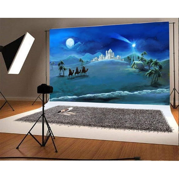 ABPHOTO 7x5ft Photography Backdrop Christmas Coconut Tree Camel Castle House Shining Lights Starry Moon Night Blue Sky Fantasy Photo Background Backdrops