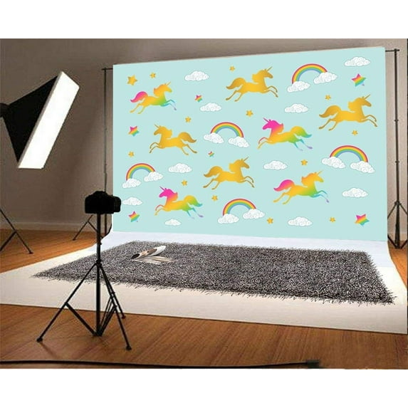 ABPHOTO 7x5ft Photography Backdrop Gold Unicorn Background Rainbow White Cloud Stars Photo Background Backdrops