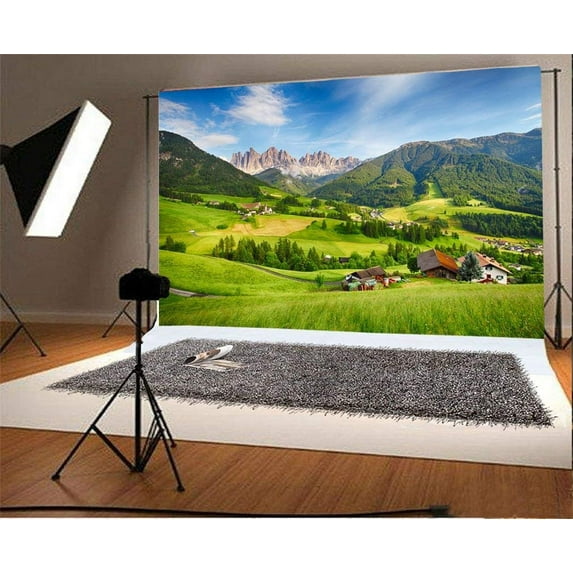ABPHOTO 7x5ft Photography Backdrop Nature Landscape Mountain Grass Field House Blue Sky Scene Photo Background Backdrops