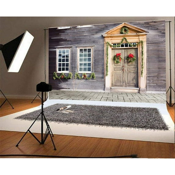 ABPHOTO 7x5ft Photography Backdrop Ric Shabby House Weathered Wood Wall Nostalgia Wooden Door Vintage Brick Floor Garland Xmas Photo Background Backdrops