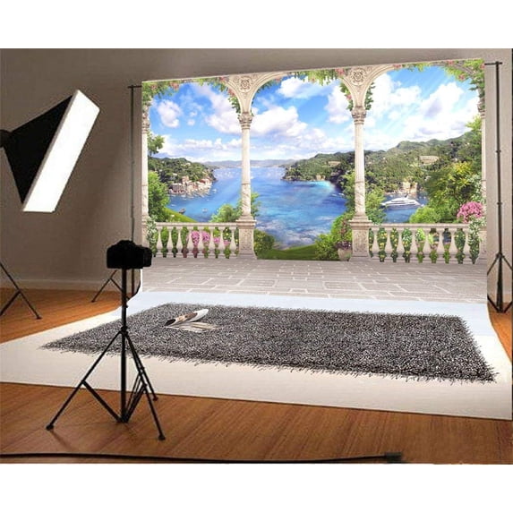 ABPHOTO 7x5ft Photography Backdrop Seaside Arch Fresh Flowers Blue Sky White Cloud Nature Photo Background Backdrops
