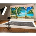 thumbnail image 1 of ABPHOTO 7x5ft Photography Backdrop Seaside Blue Sky White Cloud Arch Mountain Scene Wood Floor Sea Bakcdrop Photo Background Backdrops, 1 of 4