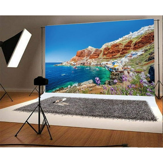 ABPHOTO 7x5ft Photography Backdrop Seaside Old Harbor of Ammoudi Greece Coast Blue Sky Flowers Boat Travel Photo Background Backdrops