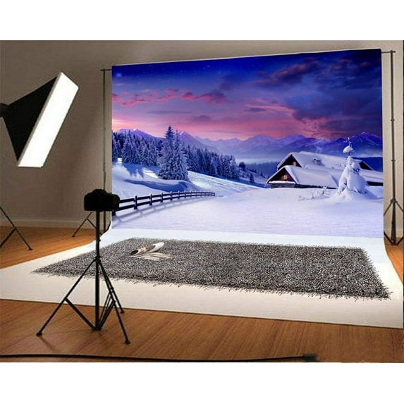 ABPHOTO 7x5ft Photography Backdrop Snow Covered Landscape Elegant Mountain Ric Village House Wooden Fence Trees Winter Scene Merry Christmas Photo Background Backdrops