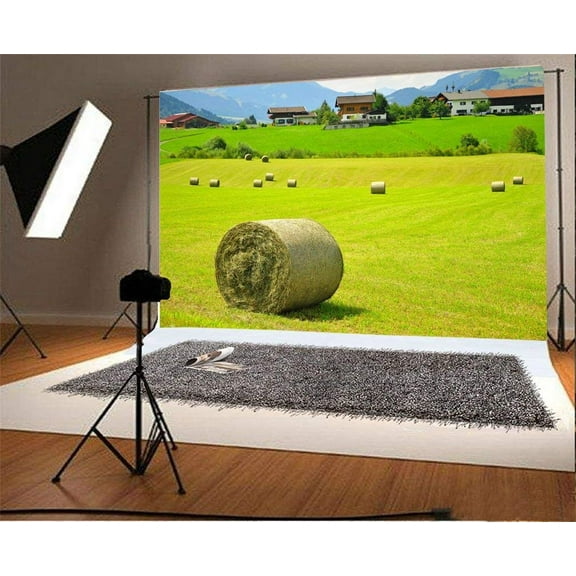 ABPHOTO 7x5ft Photography Backdrop Straw Hay Bale Farmland Green Grass Wheat Field Ric Village House Elegant Mountain Nature Photo Background Backdrops