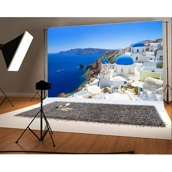 ABPHOTO 7x5ft Photography Backdrop White Architecture of Oia Village on Santorini Island Greece Nature Landscape Blue Sky Photo Background Backdrops