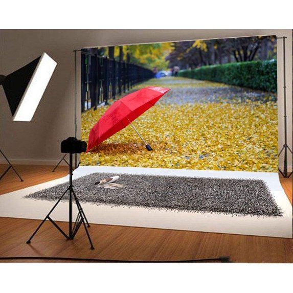 ABPHOTO 7x5ft Photography Backdrop Yellow Fallen Leaf Red Umbrella Artistic Natural Scenery Backdrops