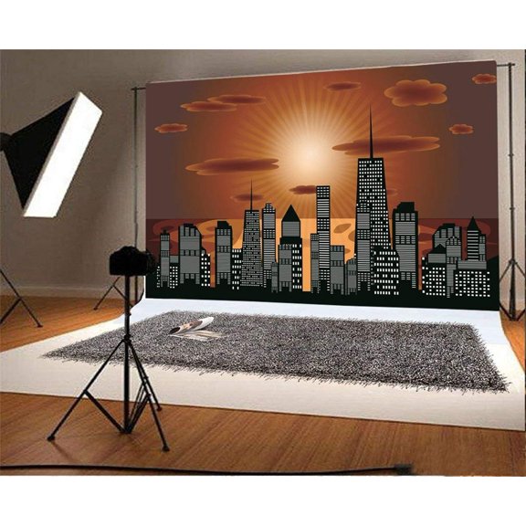 ABPHOTO 7x5t Photography Backdrop Cartoon City Landscape Town Wallpaper Illration Sun Cloud Skyscraper Photo Background Backdrops
