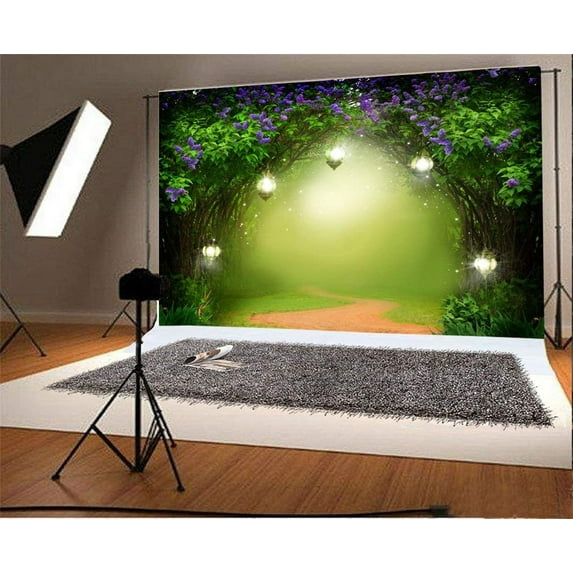 ABPHOTO 7x5t Photography Backdrop Fairytale Dreamy Trees Purple Flowers Green Vine Bokeh Halos Path Grass Field Shining Lights World Photo Background Backdrops