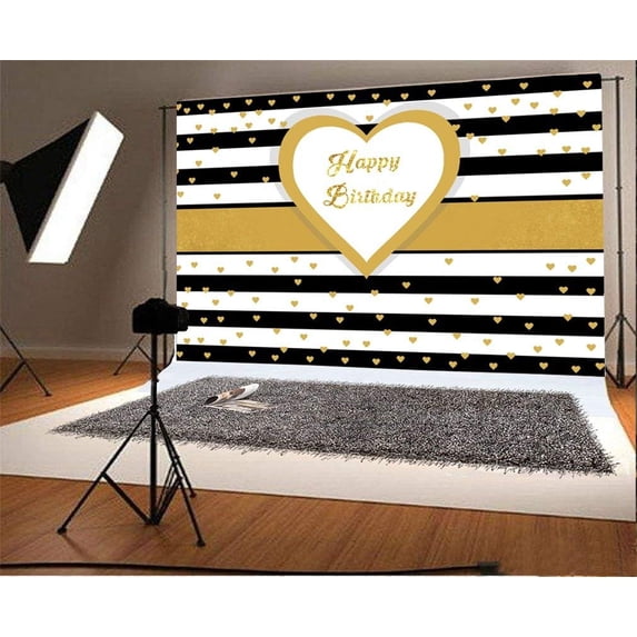 ABPHOTO 7x5t Photography Backdrop Happy Birthday Background Black and White Stripes Gold Star Photo Background Backdrops
