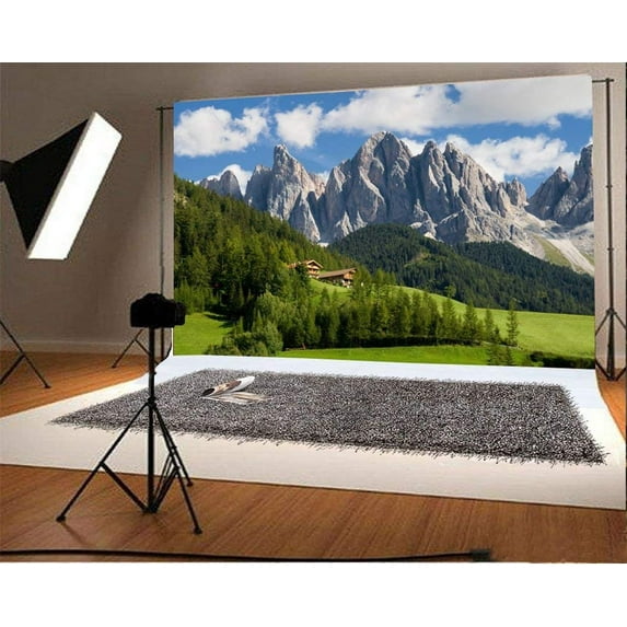 ABPHOTO 7x5t Photography Backdrop Nature Landscape Elegant Mountains Green Grass Lawn Blue Sky White Clouds Ric House Spring Photo Background Backdrops