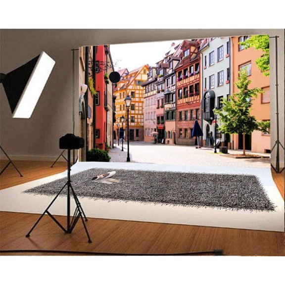 ABPHOTO 7x5t Photography Backdrop Nuremberg Street Half-timbered Houses Old Town Road Lamp Green Plants Nature Landscape Spring Photo Background Backdrops