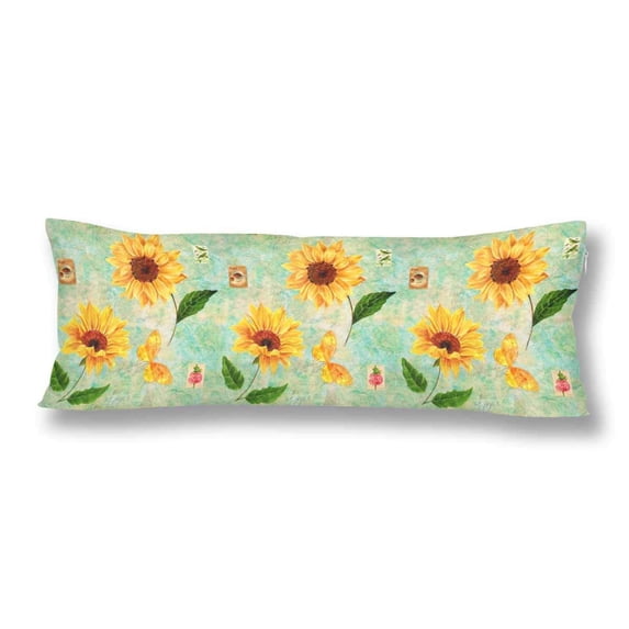 ABPHOTO Golden Yellow Sunflowers Butterfly Body Pillow Covers Pillowcase 20x60 inch Watercolor Birds Flower Body Pillow Case Protector