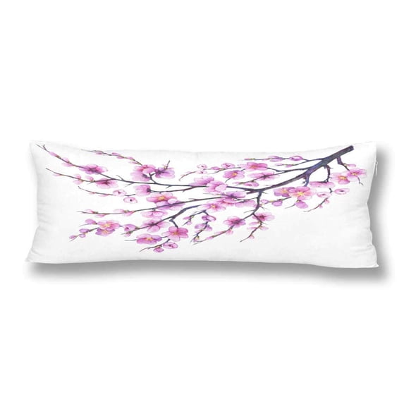 ABPHOTO Japan Sakura Cherry Branch with Pink Flowers Watercolor Painting Body Pillow Covers Case Pillowcase 20x60 inch Couch