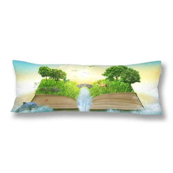 ABPHOTO Magic Opened Book Grass Tree Waterfall Ocean Body Pillow Covers Case Protector 20x60 inch
