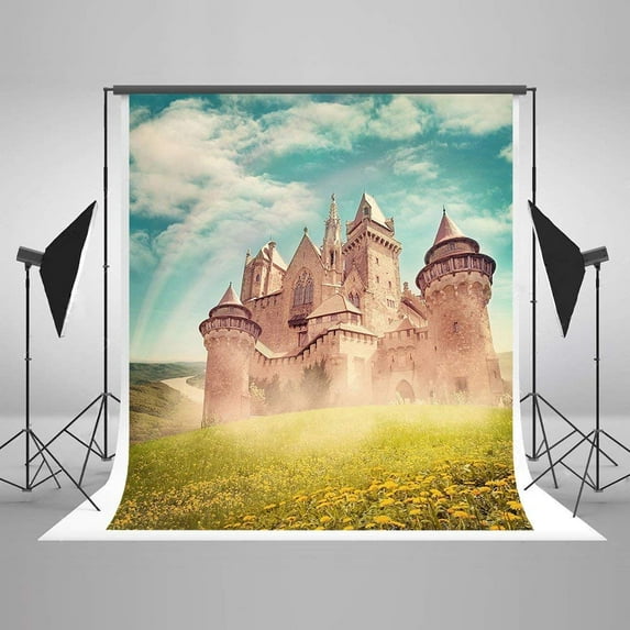 ABPHOTO Polyester 5x7 Blue Sky Photography Backdrop Fairy Tale Backdrops Castle Flower Field Rainbow Photo Backdrops Nature Summer Background For Party Studio Event
