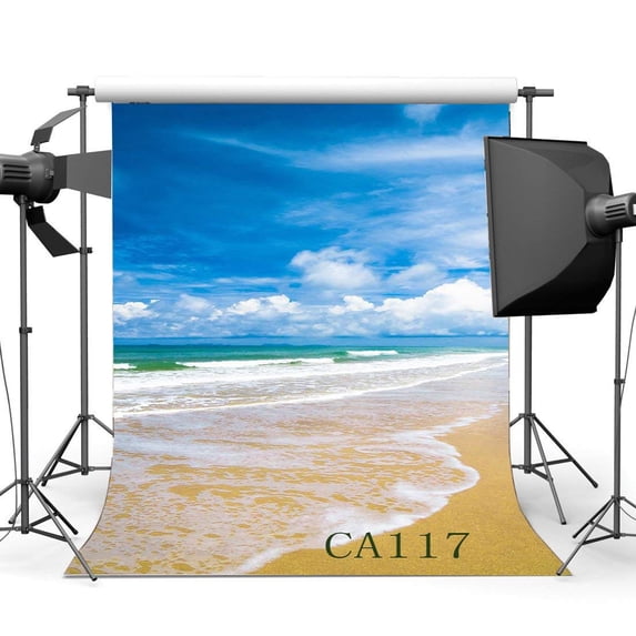 ABPHOTO Polyester 5x7ft 5x7ft Photography Backdrops Seaside & Ocean Sand Beach Blue Sky White Clouds Scene Seamless Newborn Baby Toddlers Portraits Background Photo Studio Props
