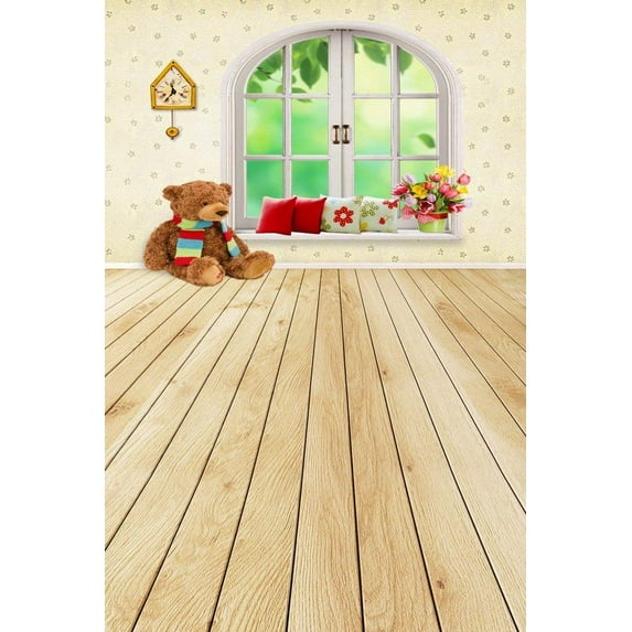 ABPHOTO Polyester 5x7ft Baby Kids Room Wall Mural Decoration Wooden Floor Bear Plush Arched Window Studio Props Photography Backdrops